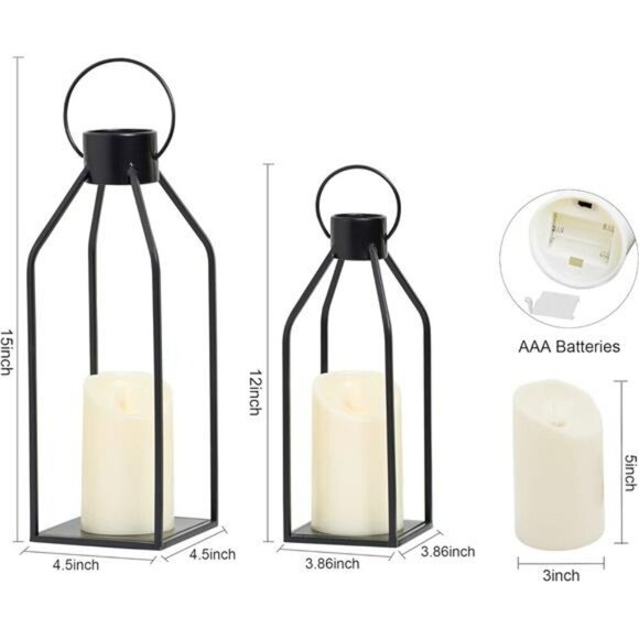 Black Metal Candle Lantern Set Farmhouse Decor with Timer for Table Fireplace - Picture 3 of 7